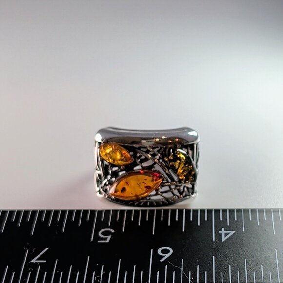 Sterling Silver Ring With Amber Gemstones & Unique Filigree Design - Picture 10 of 13